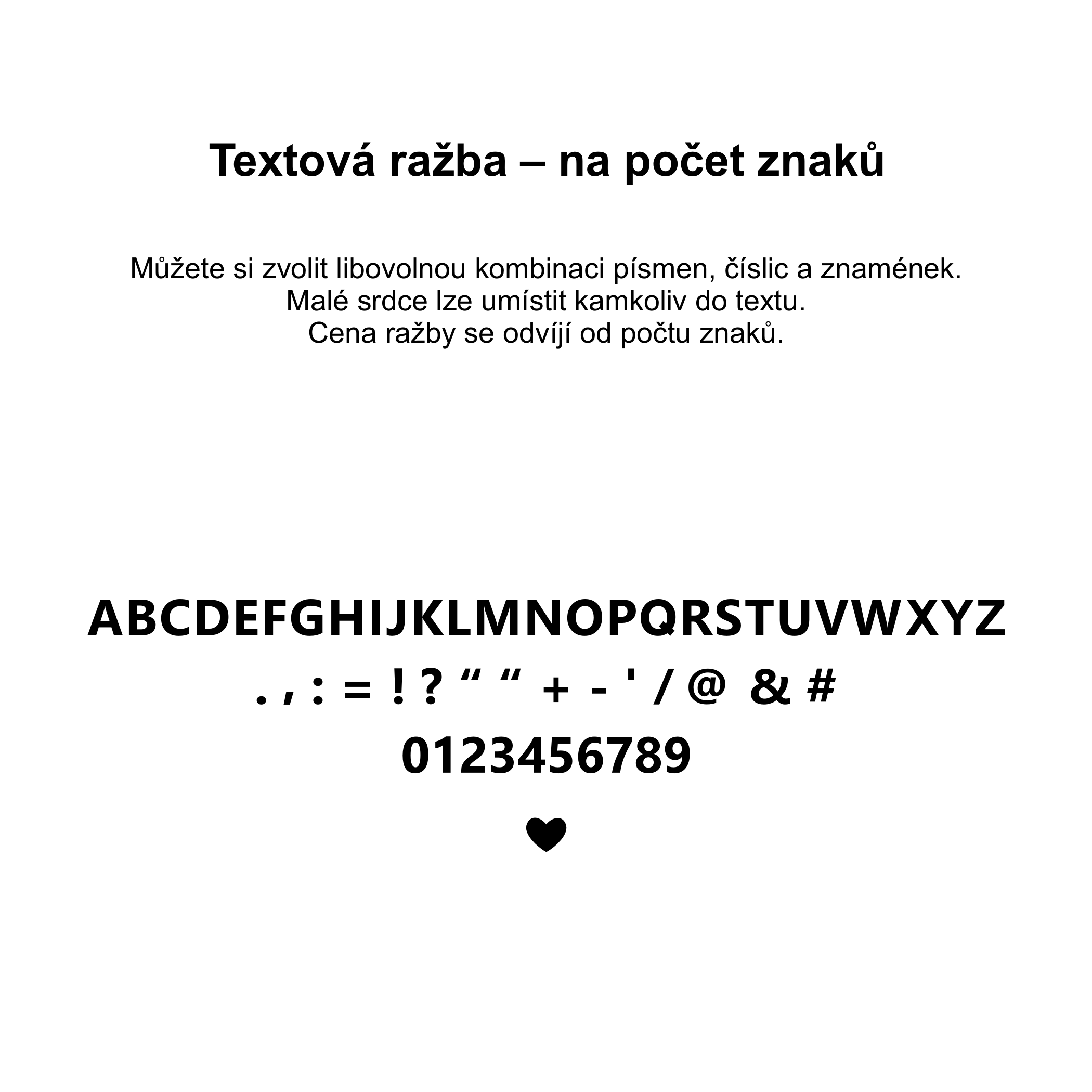 LOVECKY Leather vzorník textové ražby – písmena, číslice, znaménka a malé srdce pro personalizaci kožených výrobků.