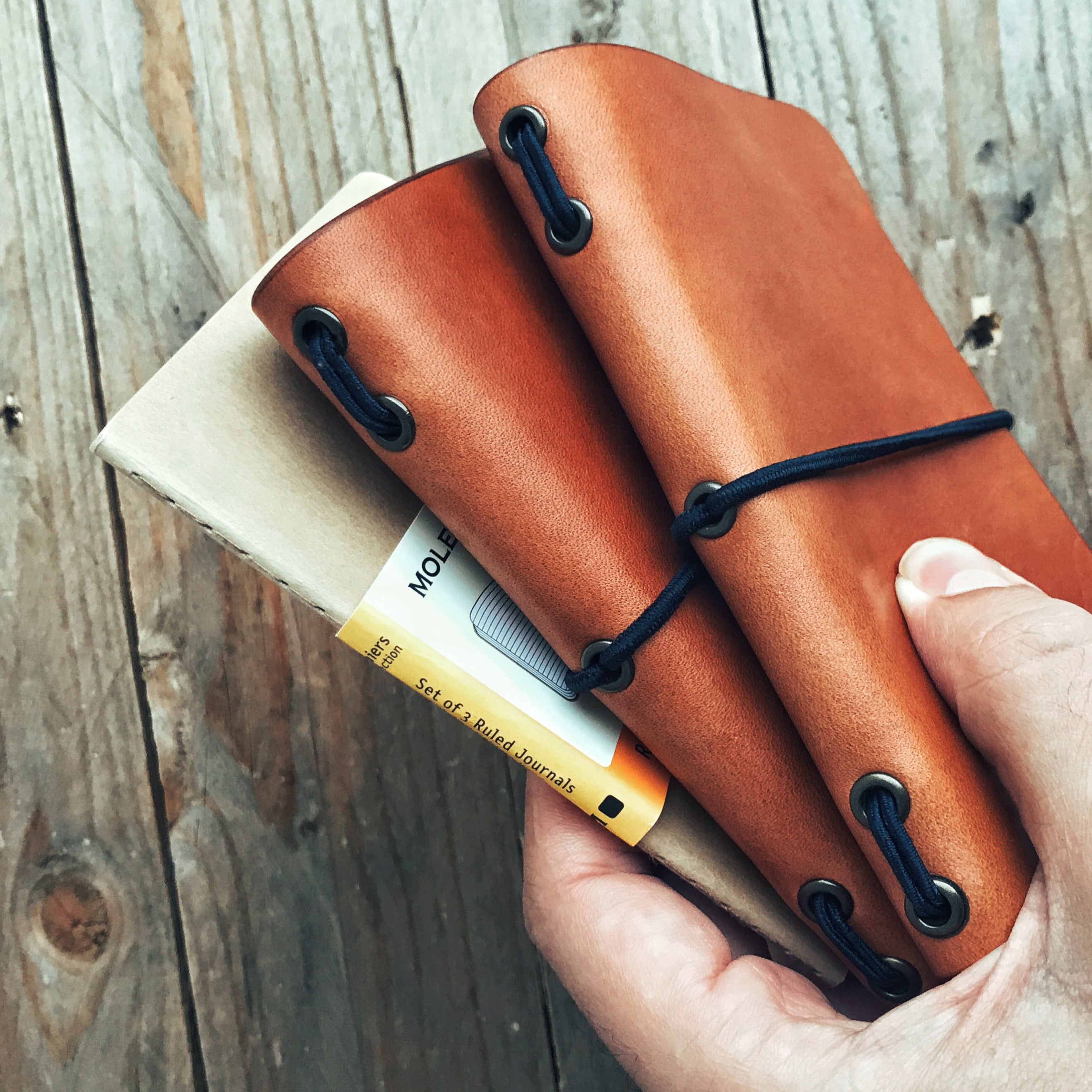 Lovecky Leather detail ručně vyrobeného koženého obalu 77 na diář a zápisník s modrou gumičkou.